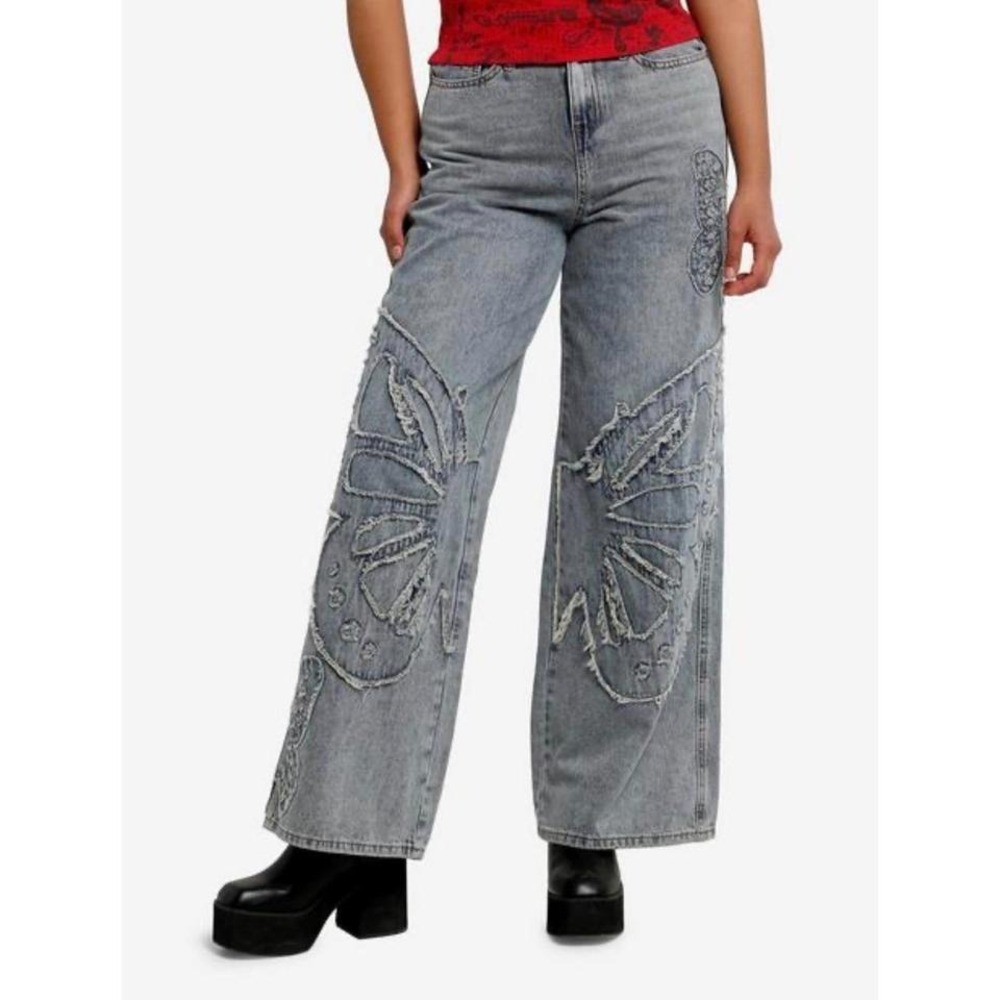 Hot Topic Butterfly Applique Wide Leg‎ Jeans Light Wash Blue Denim Y2K Skater 9